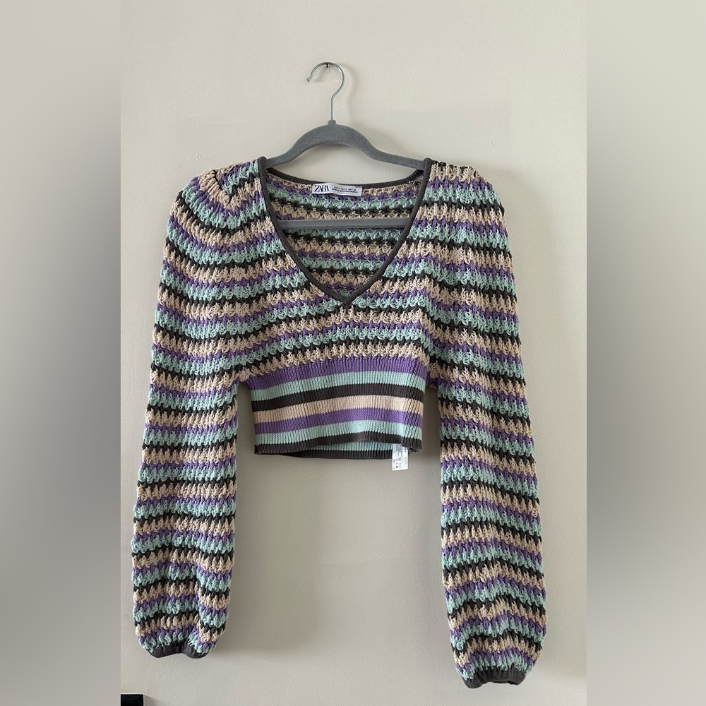 Zara Cropped Knit Crochet Sweater Multicolored - image 2
